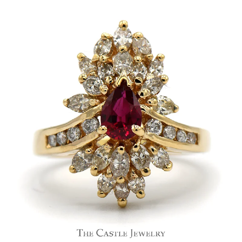 ladies rings for casual days -Pear Cut Ruby Ring with 2cttw Diamond Cluster and Accents in 14k Yellow Gold