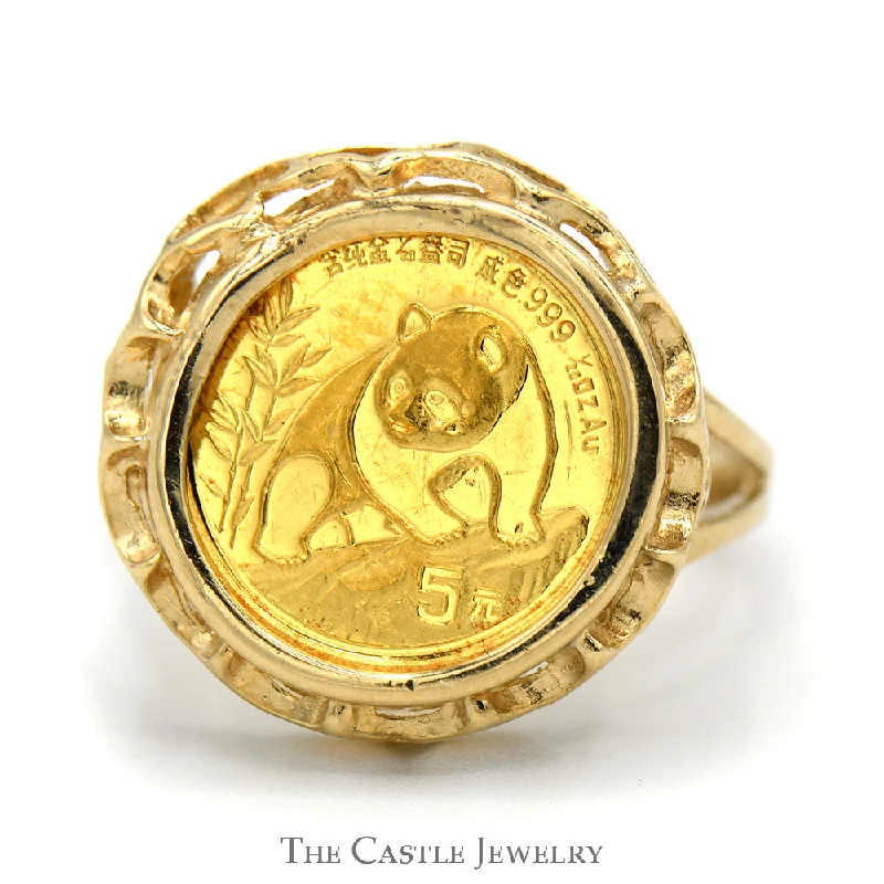 ladies rings custom personalized -24K Gold 1990 Panda Coin Ring in 10k Yellow Gold Scalloped Designed Bezel Mount