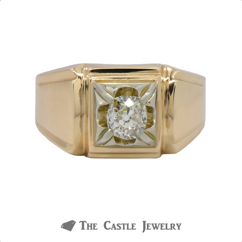 ladies rings with pearl accent -.50 Carat Old Mine Cut Gent's Diamond Ring In 14k Yellow Gold