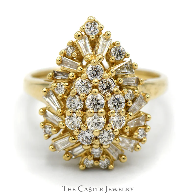 ladies rings for casual days -Pear Shaped Round and Baguette Cut Diamond Cluster Cocktail Ring in 10k Yellow Gold