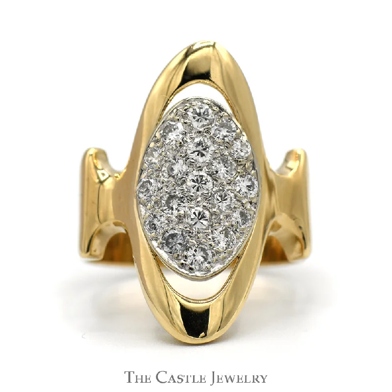 ladies rings art deco flair -Oval Shaped 1/2cttw Diamond Cluster Open Shield Ring in Polished 14k Yellow Gold