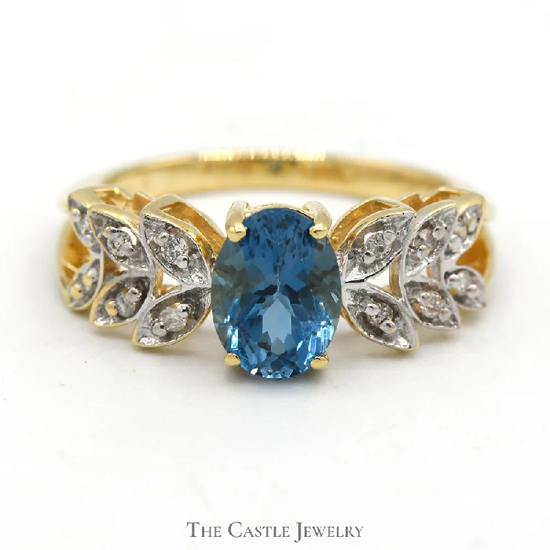 ladies rings with onyx black -Oval Blue Topaz Ring with Diamond Accented Leaf Design in 14k Yellow Gold