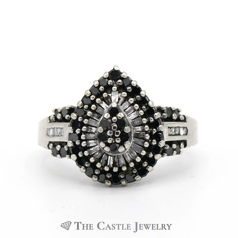 ladies rings luxury brand name -1cttw Black & White Diamond Pear Shaped Cluster Ring in 14k White Gold