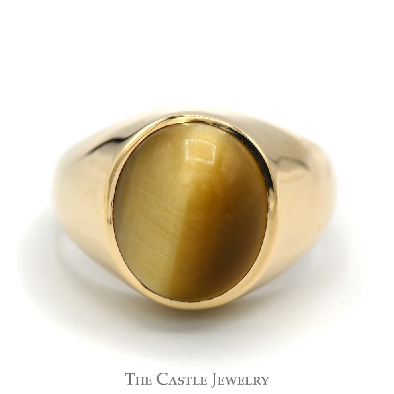 ladies rings for bold fashion -Men's Oval Cabochon Yellow Cat's Eye Dome Ring with Polished Sides in 10k Yellow Gold