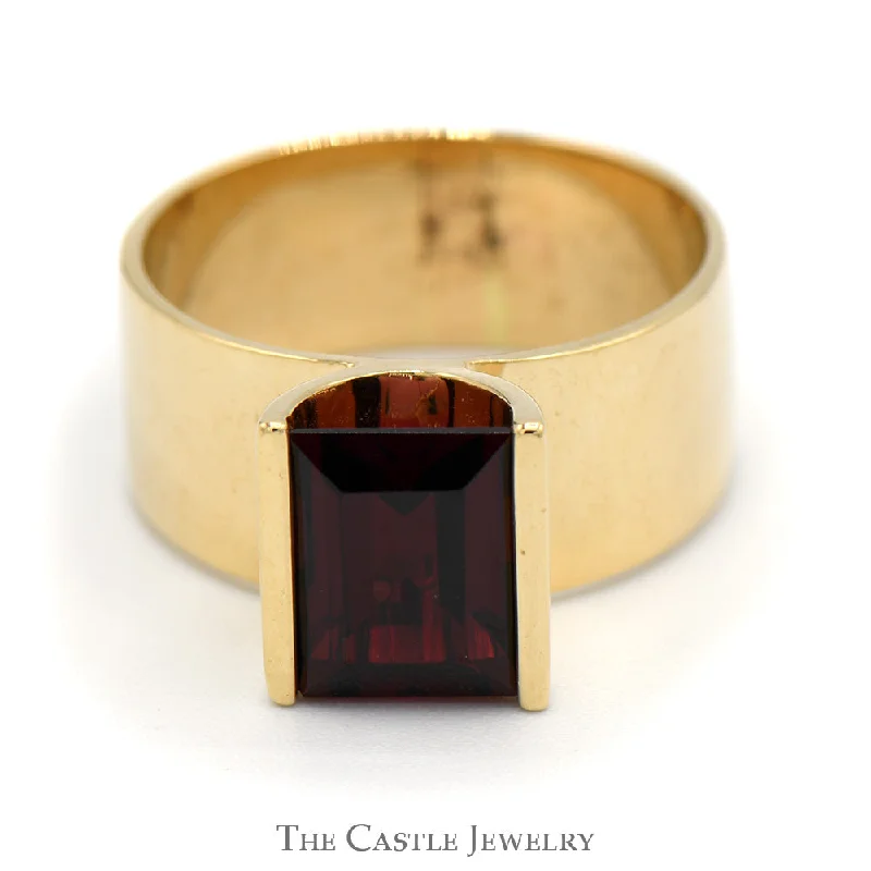 ladies rings with turquoise stone -Emerald Cut Garnet Ring in 14k Yellow Gold 8mm Wide Polished Band