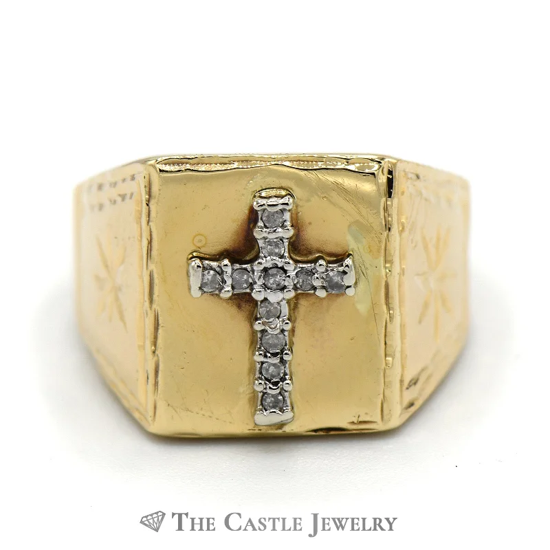 ladies rings with gold plating -Diamond Cross Ring  with Diamond Cut Starburst Sides in 10k Yellow Gold