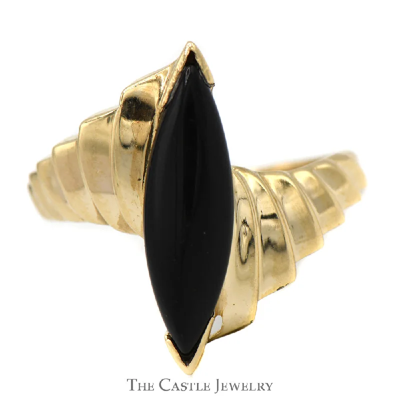 ladies rings with garnet red -Marquise Shaped Black Onyx Ring with Ridged Bypass Sides in 10k Yellow Gold