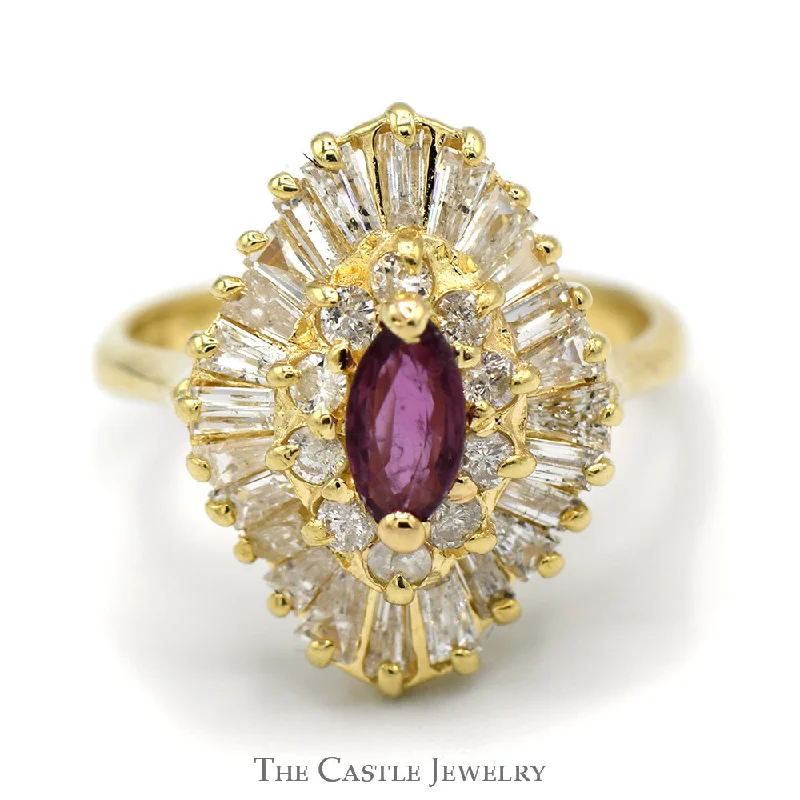 ladies rings with yellow citrine -Marquise Cut Ruby Solitaire with Round & Baguette Diamond Ballerina Ring in 14k Yellow Gold