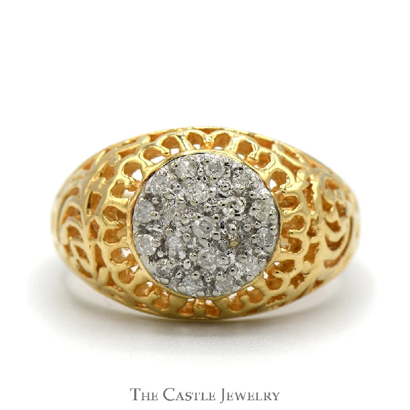 ladies rings geometric unique shape -1/4cttw Diamond Kentucky Cluster Ring in 10k Yellow Gold with Open Filigree Sides