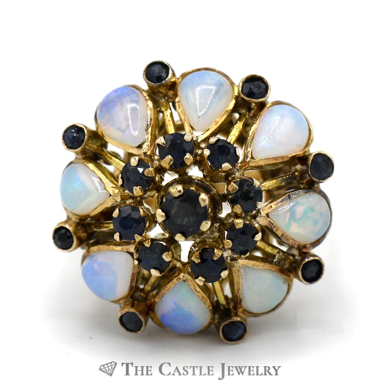 ladies rings with turquoise stone -Opal and Sapphire Cluster Cocktail Ring in 12k Yellow Gold