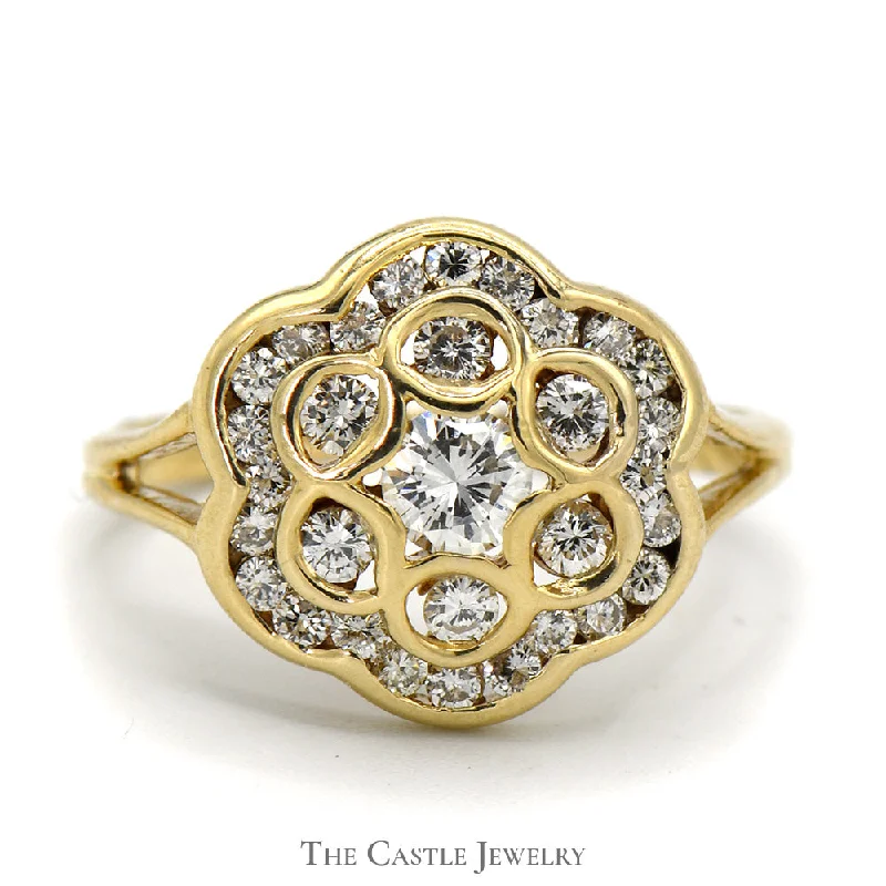 ladies rings with white pearls -Flower Shaped Diamond Cluster Ring in 14k Yellow Gold Split Shank