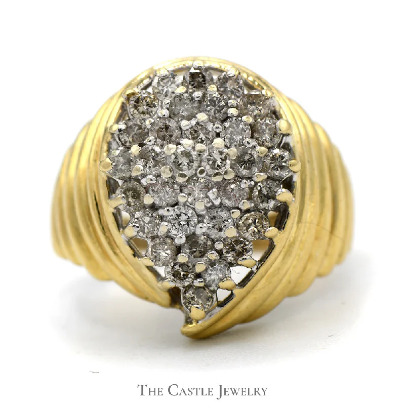 ladies rings with blue sapphire -Pear Shaped 1cttw Round Diamond Cluster Ring with Ridged Sides in 10k Yellow Gold