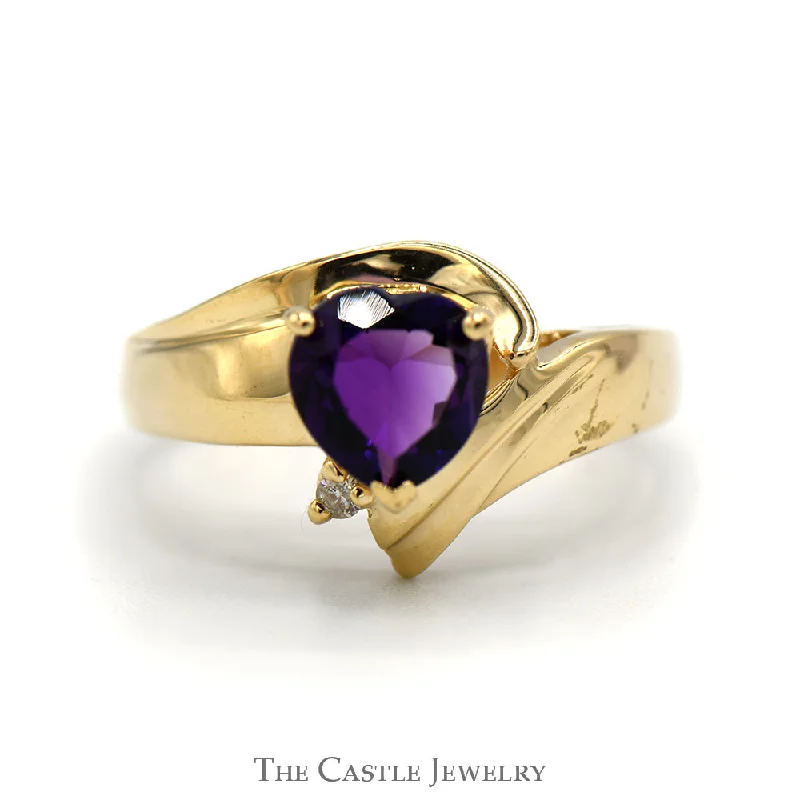 ladies rings rose gold trendy -Heart Shaped Amethyst Ring with Round Diamond Accent in 14k Yellow Gold