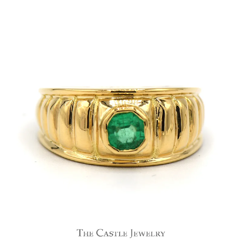 ladies rings simple chic elegance -Emerald Solitaire Ring with Grooved Ridged Sides in 18k Yellow Gold