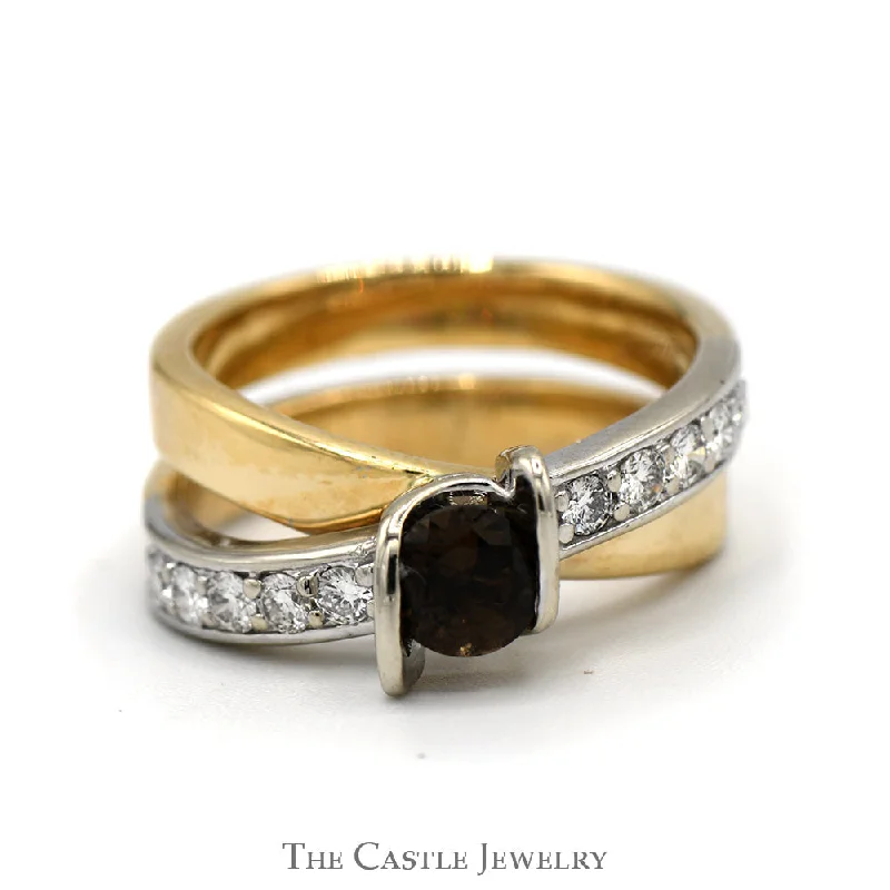 ladies rings vintage inspired look -Smoky Quartz And Diamond Ring .30CTTW In Crossover Design 14KT White And Yellow Gold