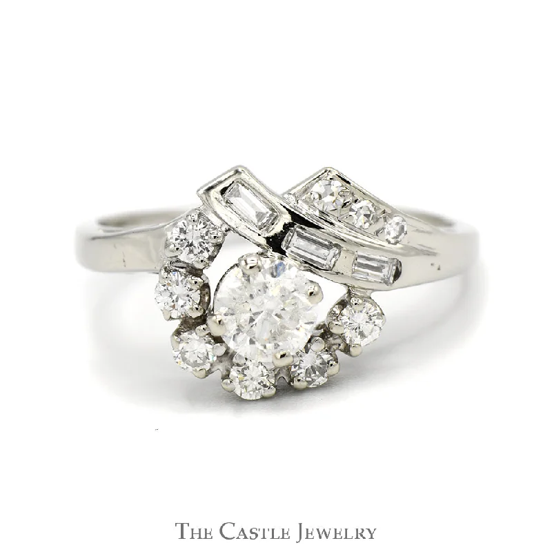 ladies rings romantic elegant design -Antique Style 1cttw Diamond Cluster Ring with Fanned Design in 14k White Gold