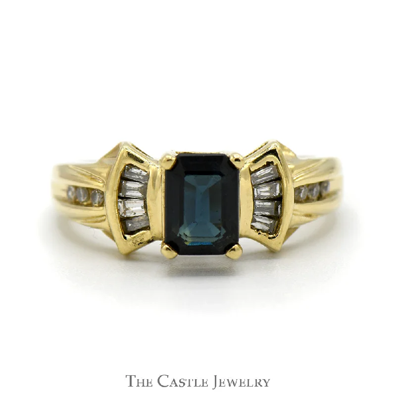 ladies rings dramatic bold look -Emerald Cut Sapphire Ring with Channel Set Baguette & Round Diamond Accents in 14k Yellow Gold