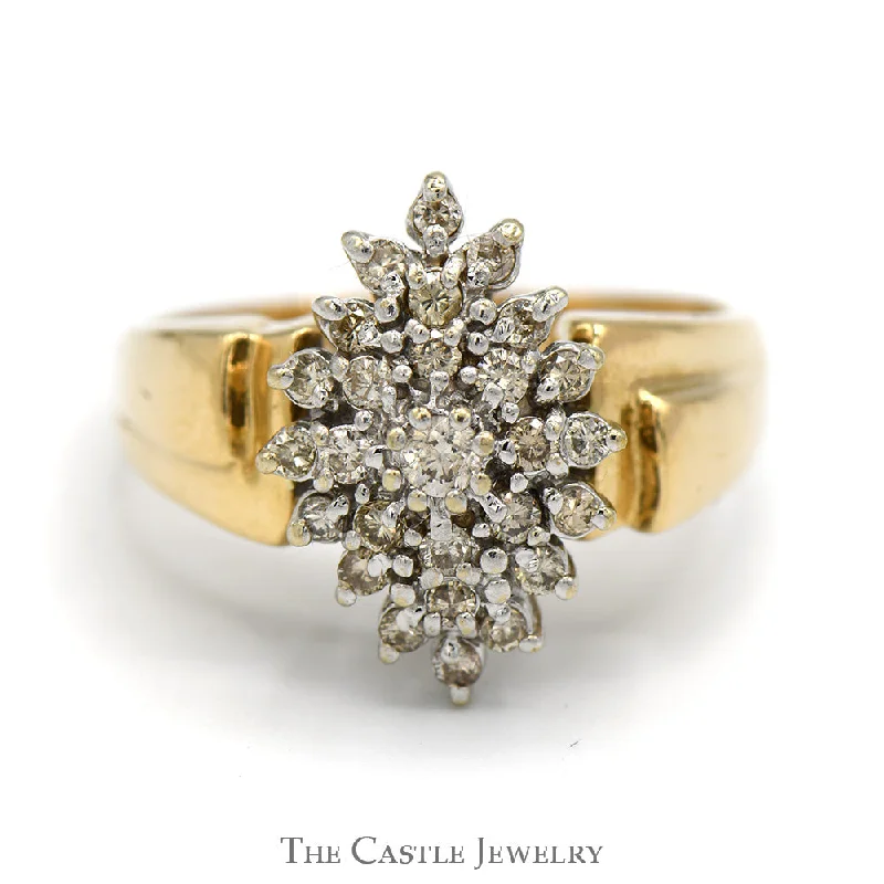 ladies rings for young women -Marquise Shaped 1/2cttw Diamond Cluster Ring in 14k Yellow Gold Ridged Mounting