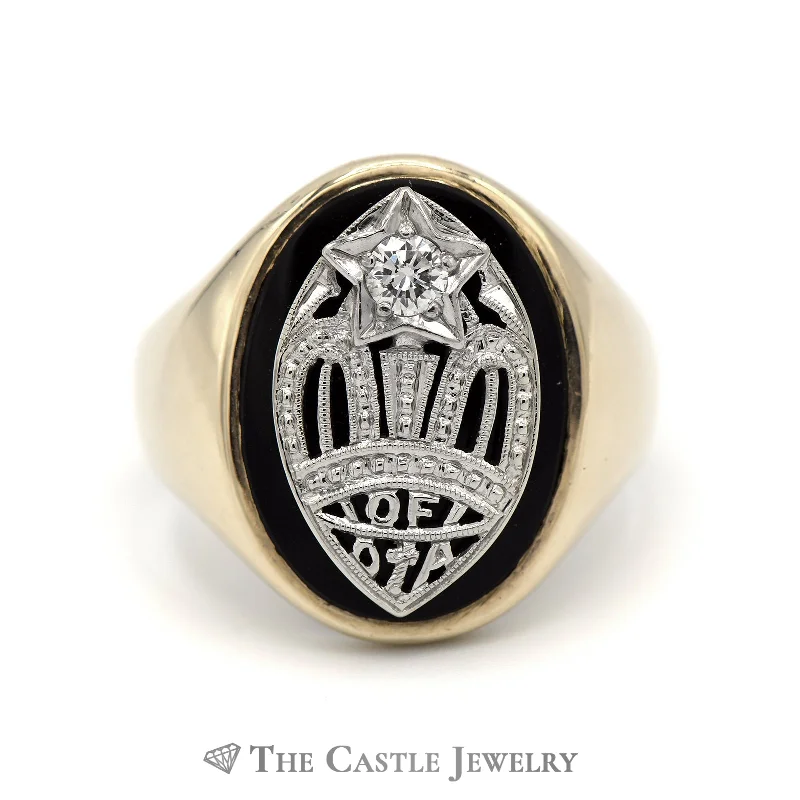 ladies rings timeless classic style -Onyx Diamond Temple Masonic Ring in 10k Yellow & White Gold