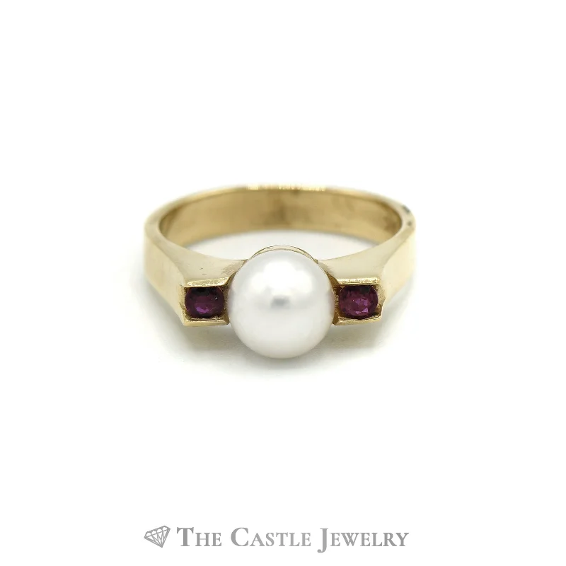 ladies rings trendy 2025 fashion -Pearl Ring with Ruby Accents in 14KT Yellow Gold