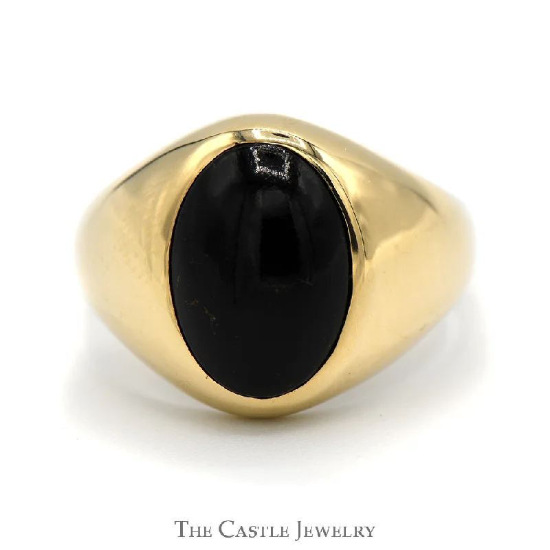 ladies rings white gold finish -Oval Cabochon Black Onyx Dome Ring in Polished 14k Yellow Gold