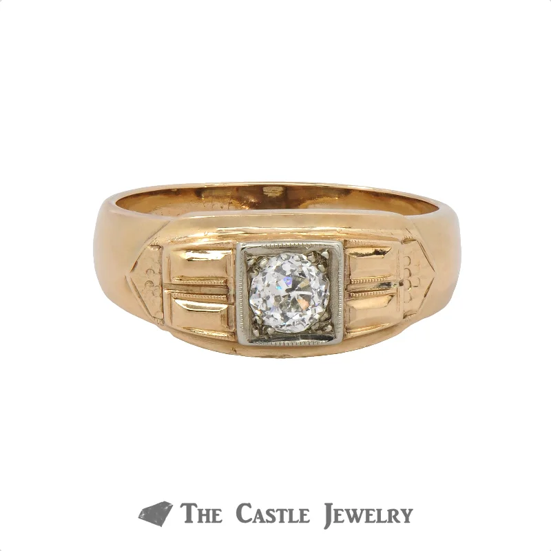 ladies rings luxury brand name -.40 Carat Old European Cut Diamond Gent's Vintage Ring In 14K Yellow Gold