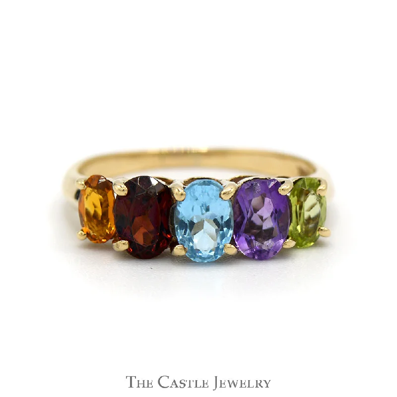 ladies rings promise ring style -5 Oval Cut Multi Gemstone Ring in 10k Yellow Gold