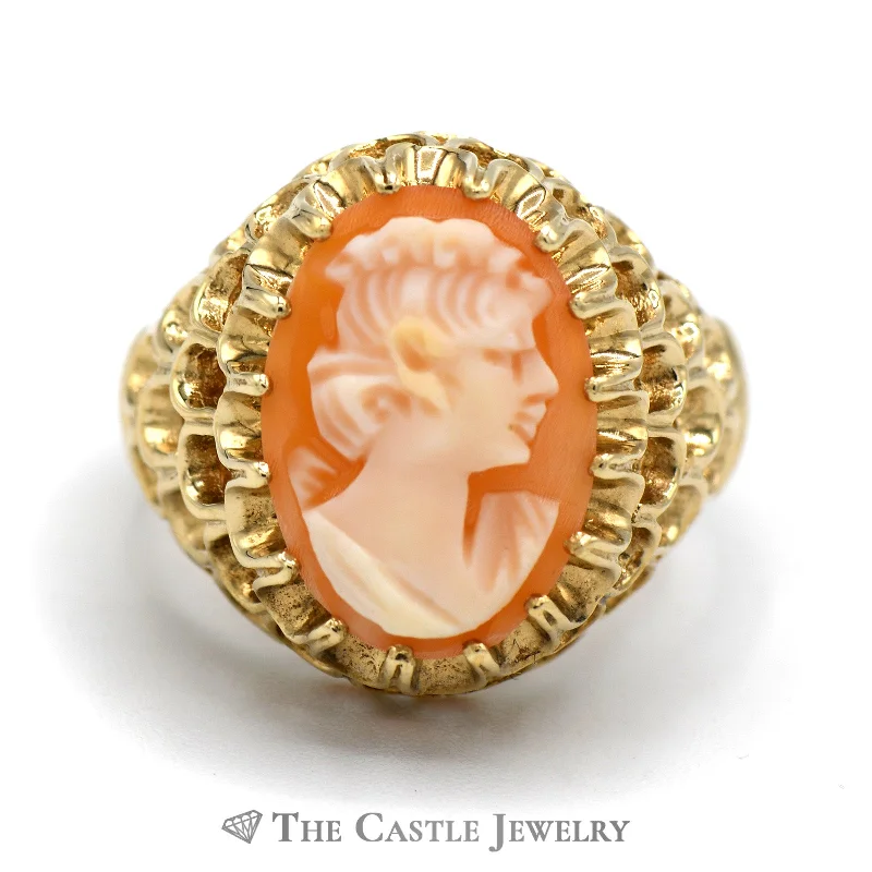 ladies rings eternity band style -Oval Shaped Cameo Ring in 10k Yellow Gold Scalloped Mounting