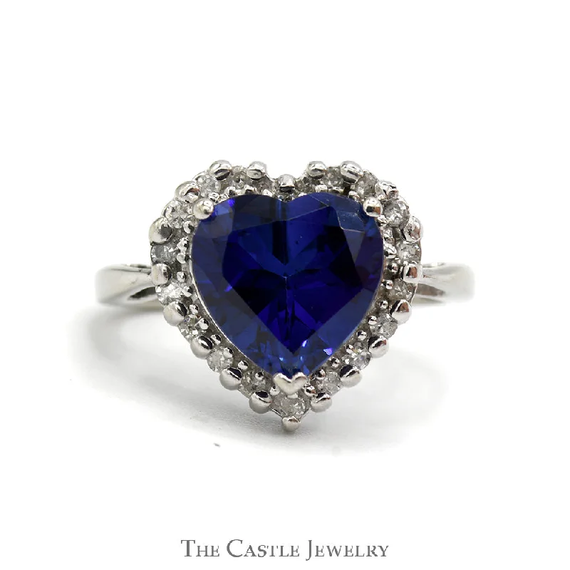 ladies rings trendy minimalist vibe -Heart Shaped Recrystallized Sapphire Ring With Diamond Halo .20 CTTW IN 10KT White Gold