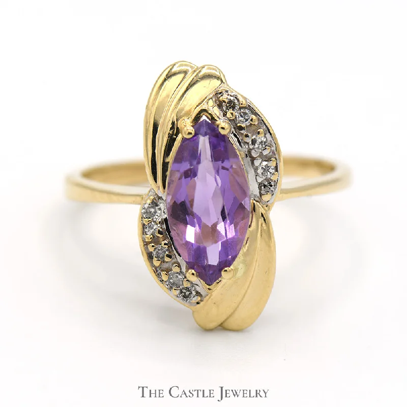 ladies rings with green peridot -Marquise Shaped Amethyst Ring with Diamond Accents in 10k Yellow Gold