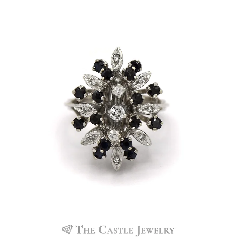 ladies rings with black onyx -Marquise Shaped Sapphire & Diamond Cluster Ring in 14k White Gold