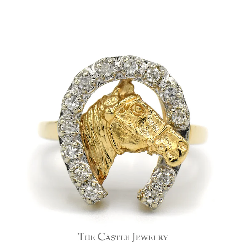 ladies rings with rose quartz -1/4cttw Round Diamond Horseshoe Ring with Horse Head in 14k Yellow Gold