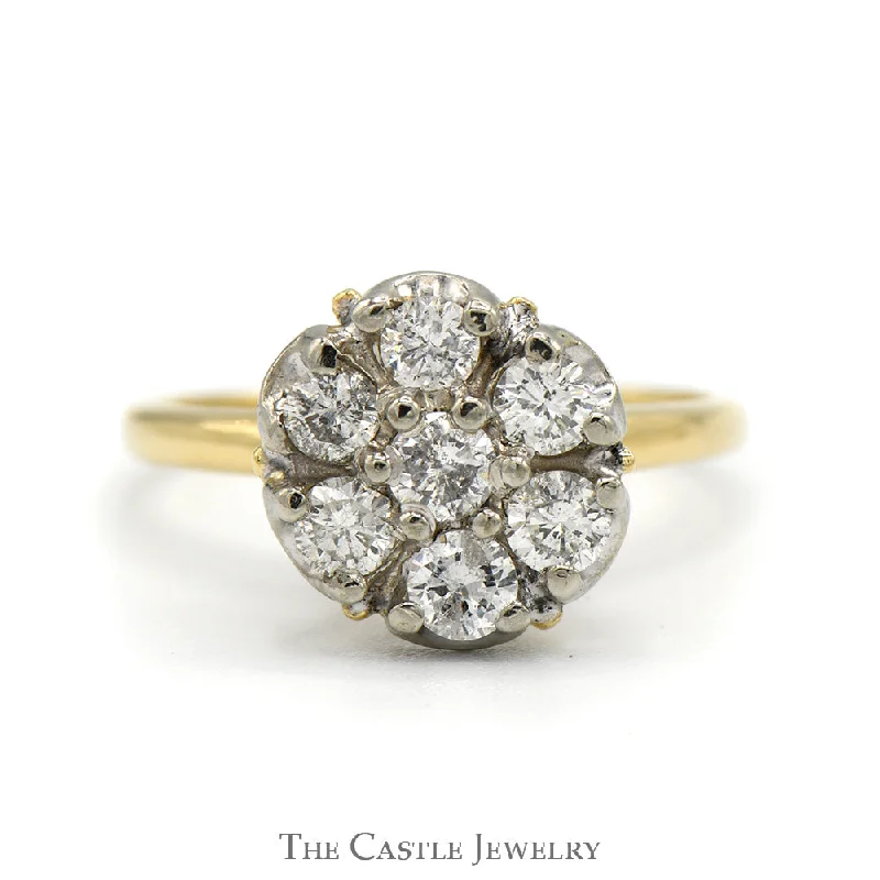 ladies rings with white pearls -1cttw 7 Round Diamond Cluster Ring in 10k Yellow Gold