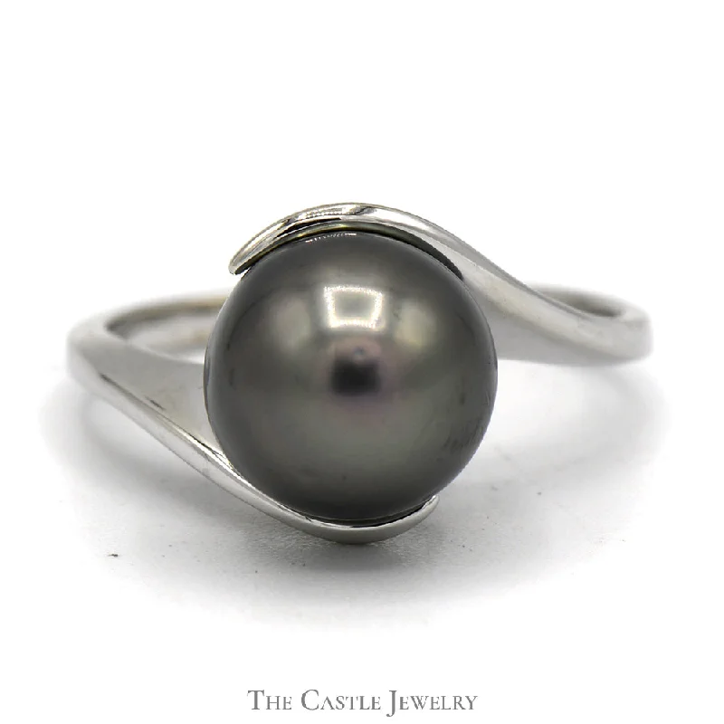 ladies rings with arrow design -Black Pearl Ring with Bypass Designed Mounting in 14k White Gold