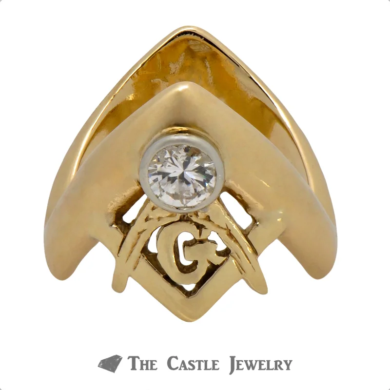 ladies rings with star detail -Men's "V" Shaped Designed Diamond Masonic Ring in 14k Yellow Gold