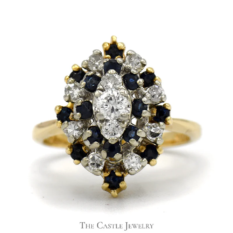 ladies rings geometric unique shape -Marquise Shaped Sapphire & Diamond Cluster Ring in 14k Yellow Gold