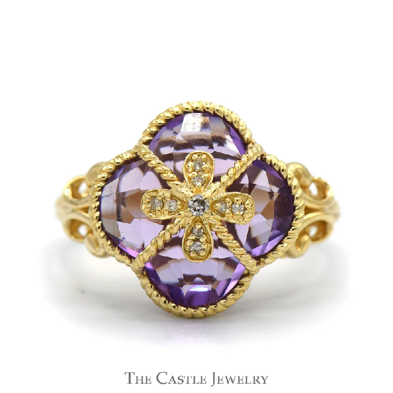 ladies rings with black diamond -Clover Cut Amethyst Ring with Diamond Accents and Butterfly Designed Sides in 14k Yellow Gold