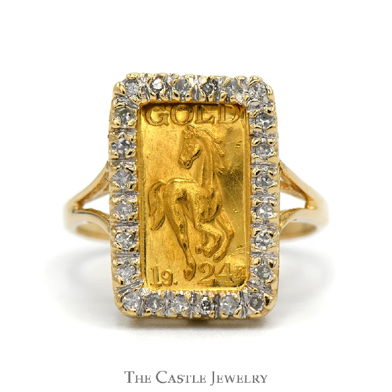 ladies rings lightweight daily comfort -1 Gram 24k Gold Horse Bar Ring in 14k Yellow Gold Diamond Accented Mounting