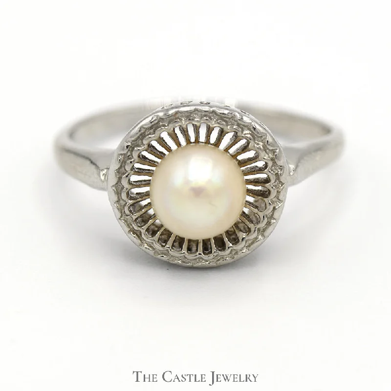 ladies rings budget friendly luxury -5.5mm Pearl Ring with Circular Open Bezel in 14k White Gold