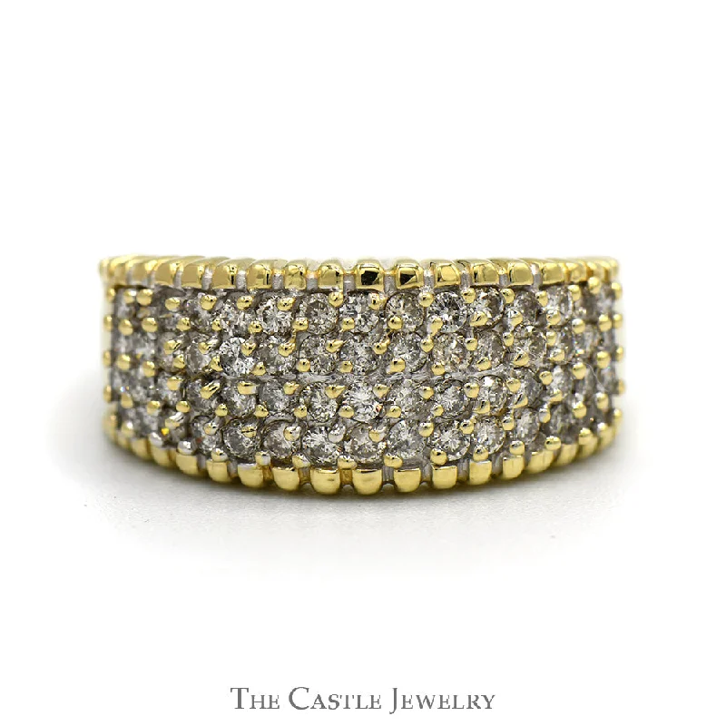 ladies rings for office style -1cttw 4 Row Diamond Cluster Ring with Beaded Edges in 14k Yellow Gold