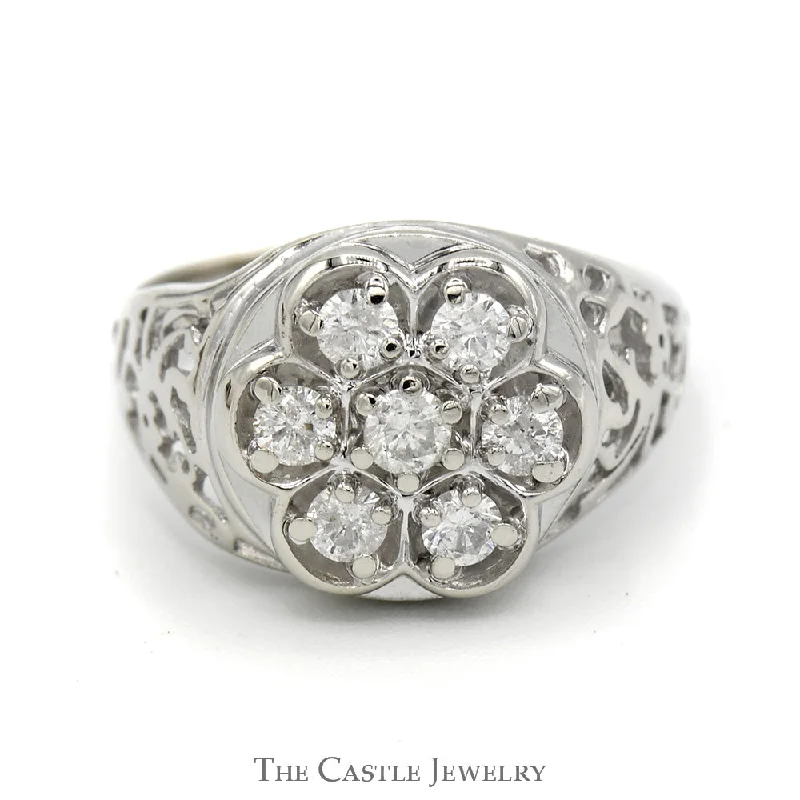 ladies rings for birthday gift -1/2cttw 7 Diamond Kentucky Cluster Ring with Open Filigree Sides in 10k White Gold