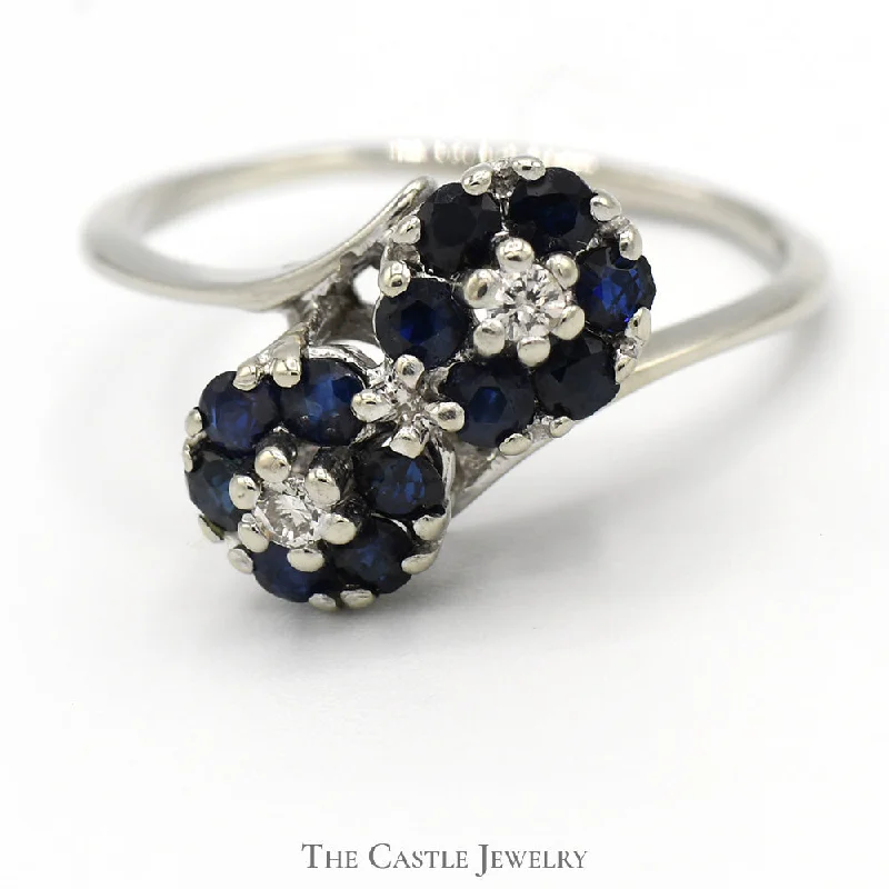 ladies rings vintage inspired look -Double Sapphire Flower Cluster Ring with Diamond Accents in 14k White Gold