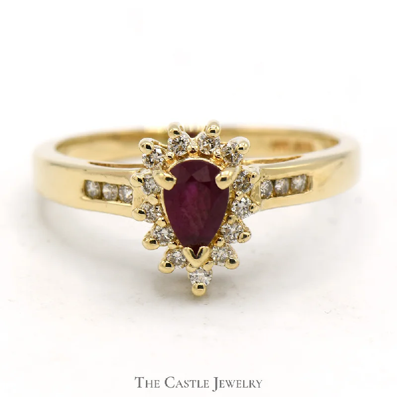 ladies rings lightweight daily comfort -Pear Cut Ruby Ring with Diamond Halo and Channel Set Diamond Accents in 14k Yellow Gold