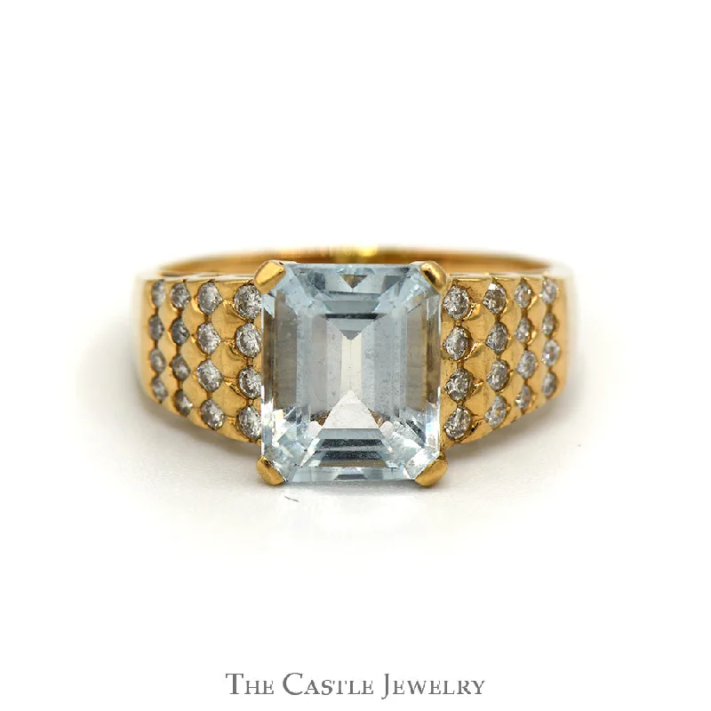 ladies rings with zircon sparkle -Emerald Cut Aquamarine Ring with Diamond Cluster Sides in 14k Yellow Gold