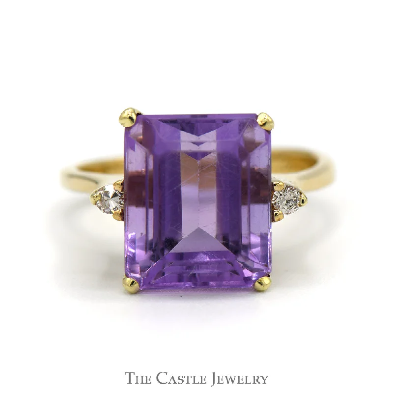 ladies rings hypoallergenic material -Emerald Cut Amethyst Ring with Round Diamond Accents in 10k Yellow Gold