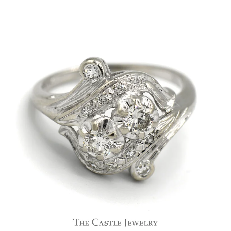 ladies rings two tone metal -Antique Style Double Diamond Ring with Diamond Accents in 14k White Gold