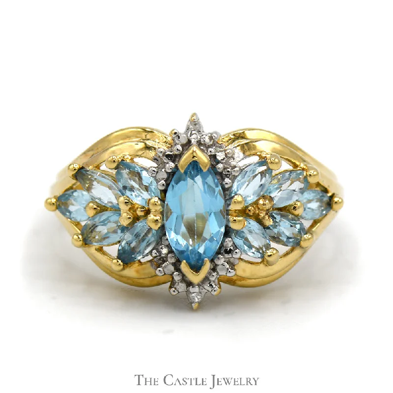 ladies rings with sapphire blue -Marquise Cut Blue Topaz Ring with Blue Topaz Cluster and Diamond Accents in 10k Yellow Gold