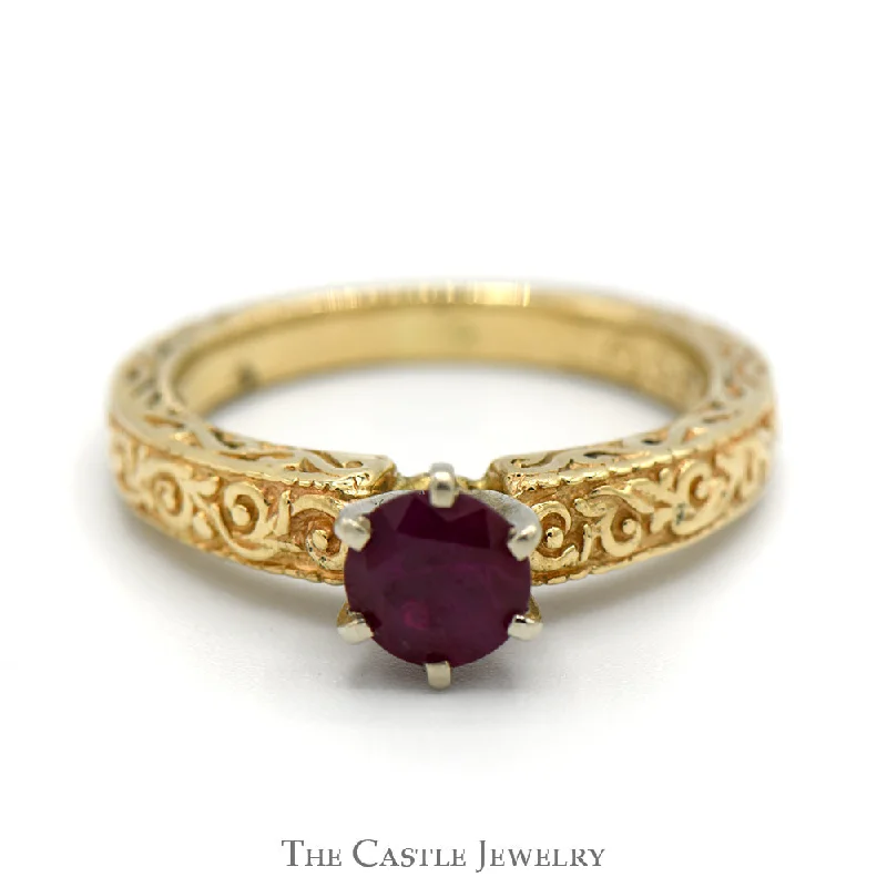 ladies rings promise ring style -Round Ruby Ring with Floral Scroll Designed Sides in 14k Yellow Gold