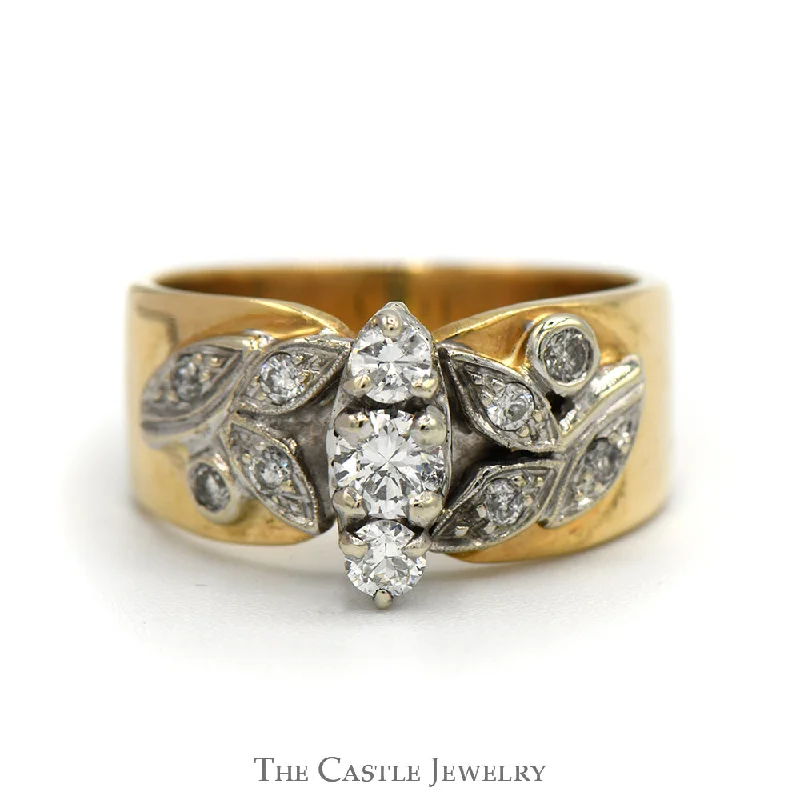 ladies rings for casual days -Vertical Three Stone Diamond Ring with Leaf Designed Diamond Accented Sides in 14k Yellow Gold