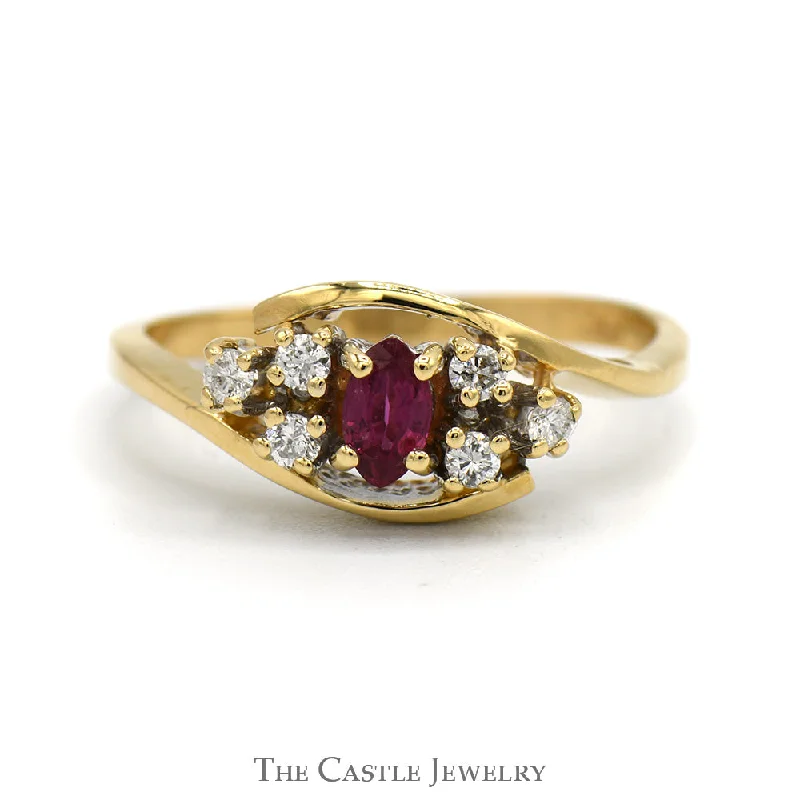 ladies rings with amethyst purple -Marquise Cut Ruby Ring with Diamond Cluster Accents in 14k Yellow Gold